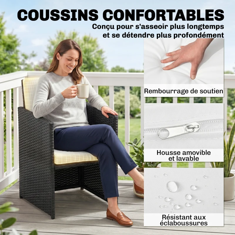 Outsunny Ensemble Salon de Jardin encastrable 8 Personnes 9 pièces résine tressée 4 Fils Imitation rotin Noir Coussins déhoussables crème