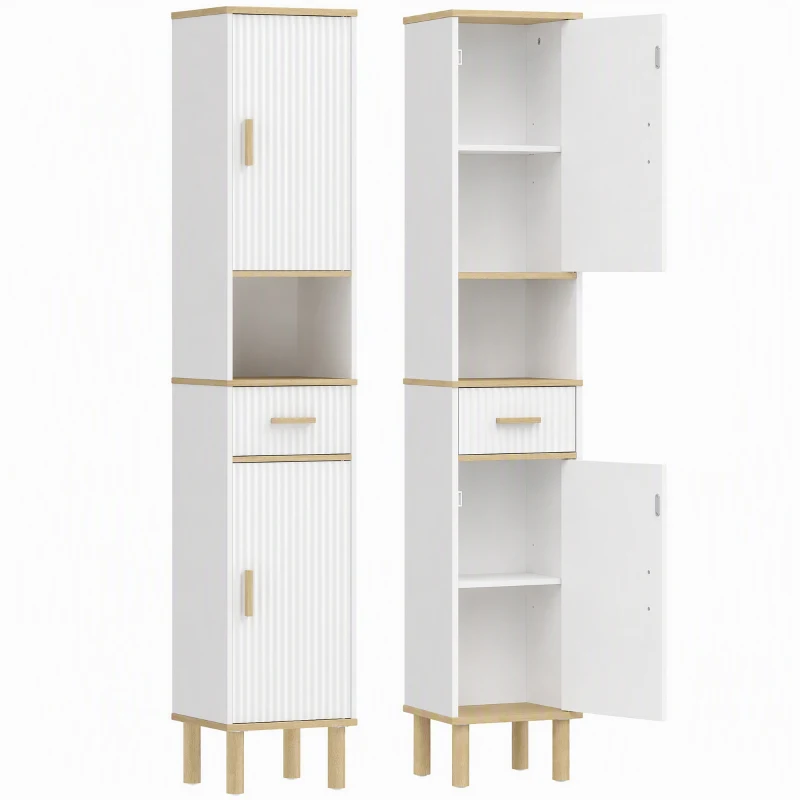 HOMCOM Meuble colonne salle de bain, meuble de rangement étroit avec 2 portes, tiroir, compartiment ouvert, blanc