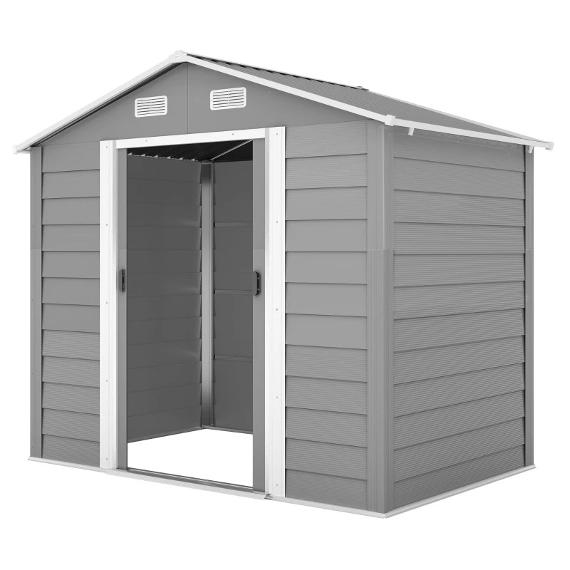 Outsunny Căsuță pentru Unelte cu Uși Glisante și 4 Grile de Ventilație, din Oțel și PP 196x236x208 cm, Gri Deschis