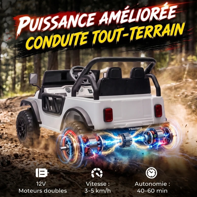 AIYAPLAY Voiture Électrique Enfants 12V, Buggy Électrique Enfants, 2 Moteurs, Télécommande 2,4G, Batterie Lithium, Blanc