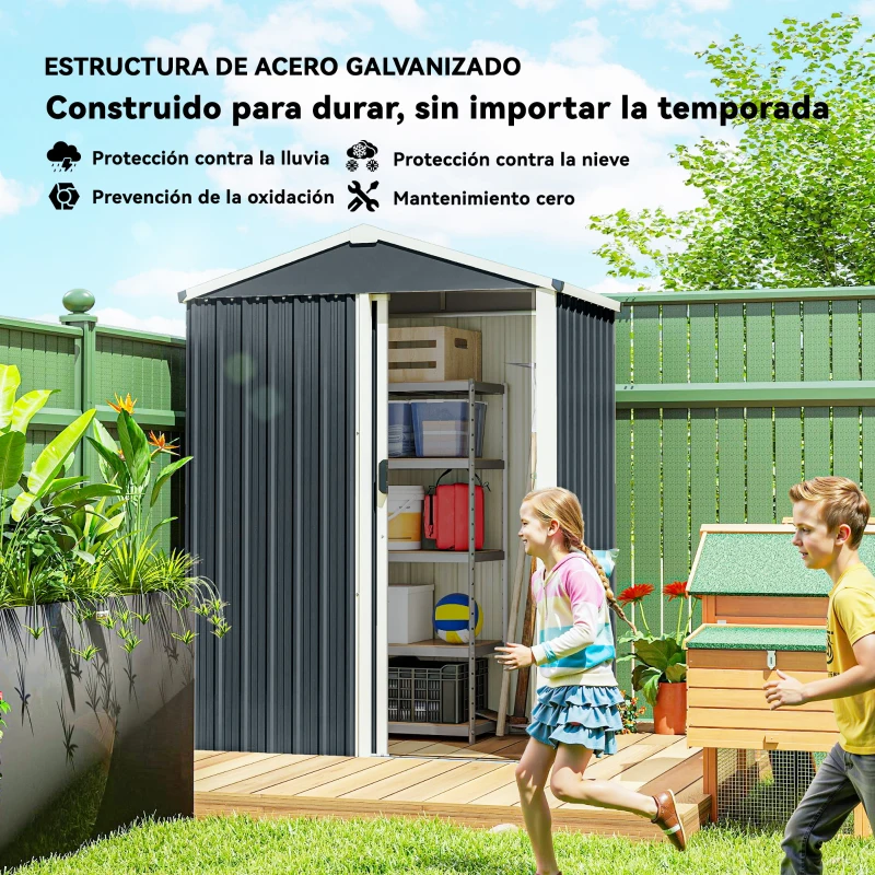 Outsunny Cobertizo de Jardín Exterior 1,1 m² 136x87x176 cm con Puerta Corredera Techo Inclinado y Guantes Gris Oscuro
