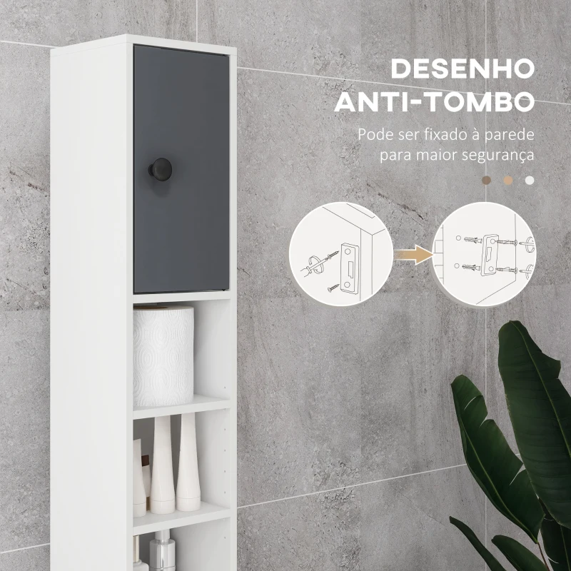 kleankin Coluna Casa de Banho Moderna com 1 Gaveta 5 Prateleiras Ajustáveis e 2 Armários 20x20x180 cm Cinza