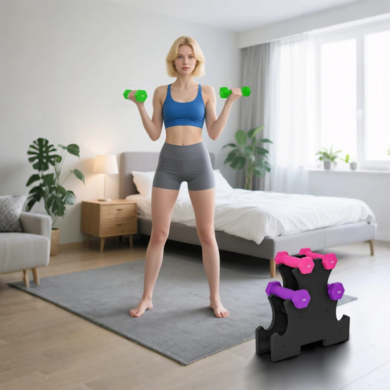 SPORTNOW Set de Mancuernas Hexagonal 2 x1kg 2 x2kg 2 x3kg con Soporte de Almacenamiento  para Entrenamiento en Casa Multicolor