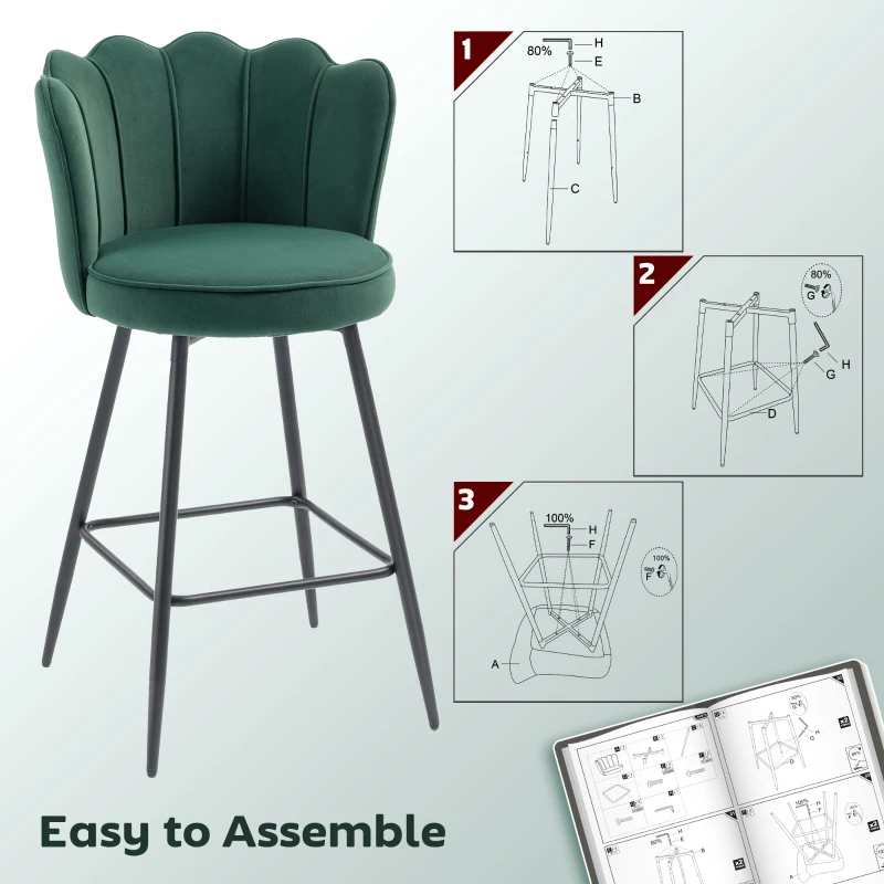 HOMCOM Set of Two Velvet-Feel Lotus Bar Stools - Dark Green