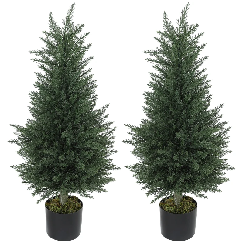 Outsunny Set 2 Plante Artificiale de Chiparos cu 362 Frunze și Ghiveci cu Ciment și Mușchi, Plante Rezistente la UV, Ø40x90 cm, Verde