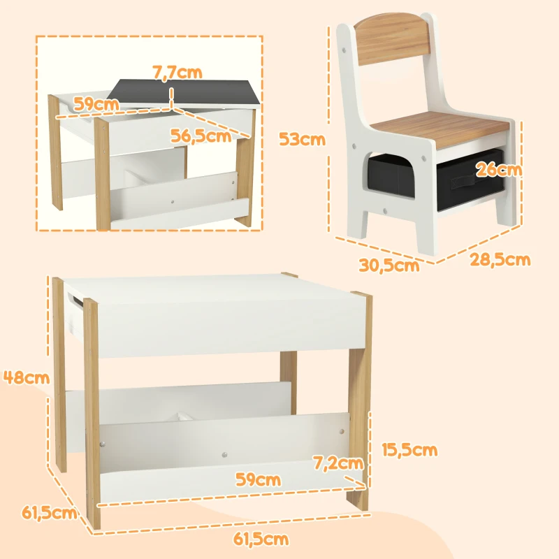 HOMCOM 3 in 1 Set Tavolo Bambini con 2 Sedie, Lavagna Rimovibile, Libreria, Scatole in Tessuto, 3-8 Anni, Naturale