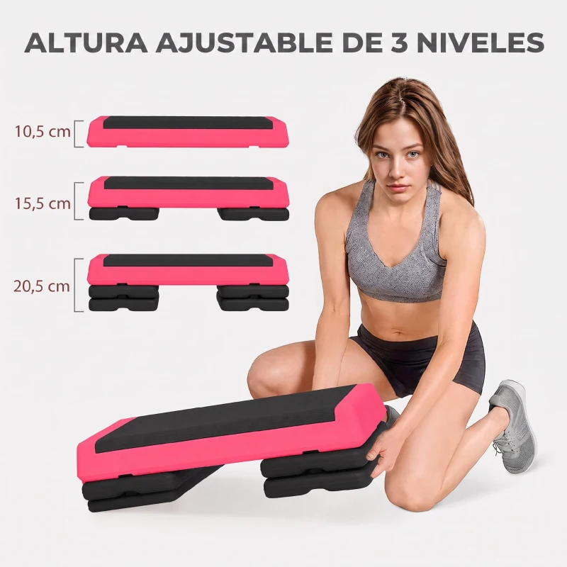SPORTNOW Step de Aeróbic Step para Fitness Antideslizante Altura Regulable 3 Niveles 77x36x20,5cm Rosa y Negro