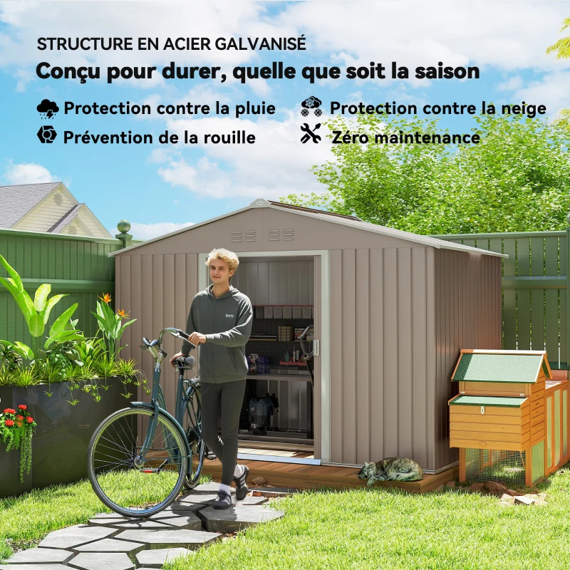 Outsunny Abri de jardin 5,4 m² 2,77 x 1,95 x 1,92 m kit de fondation porte coulissante ventilations tôle acier, gris clair