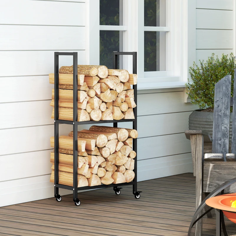 Outsunny Suport pentru Lemne de Foc, de Interior și Exterior, pe Două Niveluri, cu Roți, din Oțel Reforțat, 60x30x119 cm, Negru