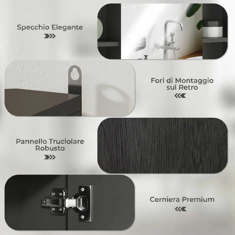 HOMCOM Armadietto con Specchio in MDF e Truciolato con 3 Ripiani Laterali e Ripiano Regolabile Interno, 60x14.5x49.4 cm