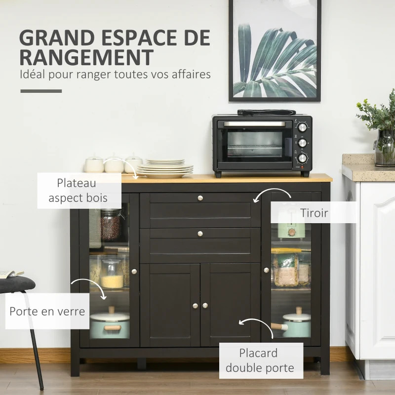 HOMCOM Buffet meuble de rangement 1 placard double porte 2 placards à porte vitrée 2 tiroirs étagère réglable 120x40x90cm noir