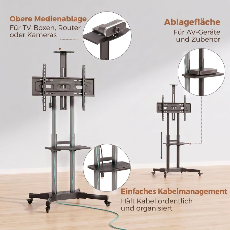 HOMCOM Stojak TV na kółkach do telewizorów 81,3–190,5 cm Regulowany stojak TV z 2 półkami, metal, max. VESA 400x600mm