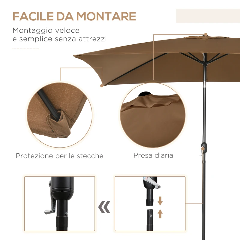 Outsunny Ombrellone da Giardino 2x3 m Rettangolare con Manovella e Angolazione Regolabile, Caffè