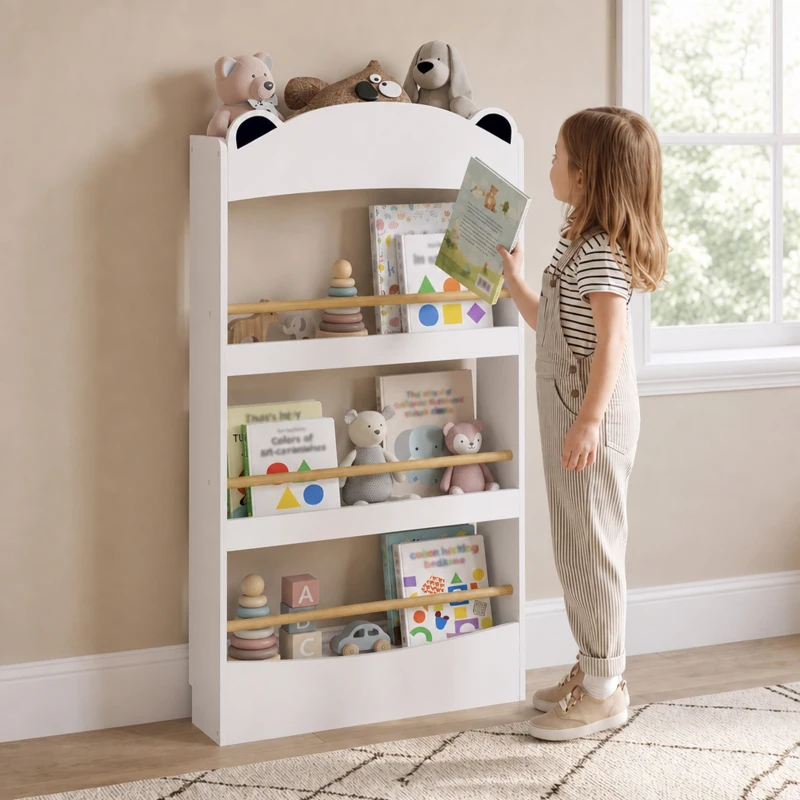 AIYAPLAY Libreria Montessoriana per Bambini 3-8 Anni a Forma di Orso con 4 Ripiani in Legno, 50x15x97 cm, Bianco