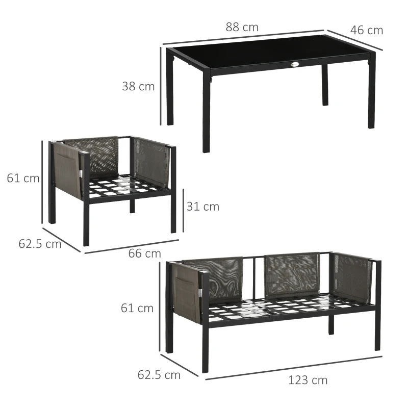 Outsunny 4 Piece Metal Garden Furniture Set with Tempered Glass Coffee Table, Texteline Pocket, Outdoor Set Loveseat Single Armchairs with Padded Cushions, Light Grey