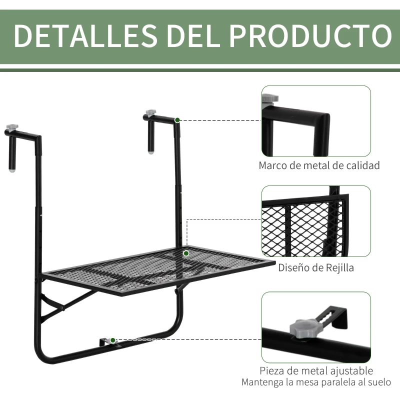 Outsunny Mesa Colgante para Balcón Plegable de Metal con Altura Ajustable en 4 Niveles Carga 10 kg 60x60x57-72 cm Negro