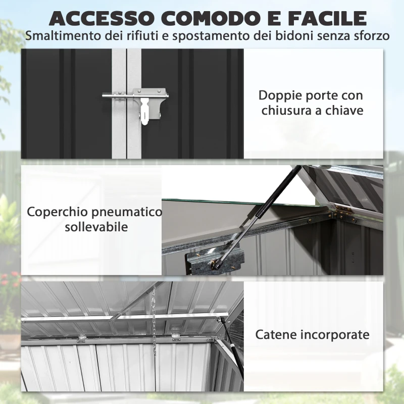 Outsunny Capanno Giardino, Organizer Bidoni Spazzatura Orizzontale, Grigio Scuro