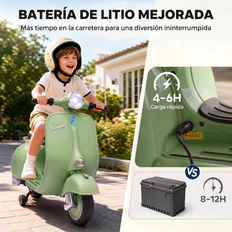 AIYAPLAY Moto Eléctrica para Niños Licencia VESPA Arranque Suave Ruedines Desmontables Luz Delantera Música, Bocina USB Verde