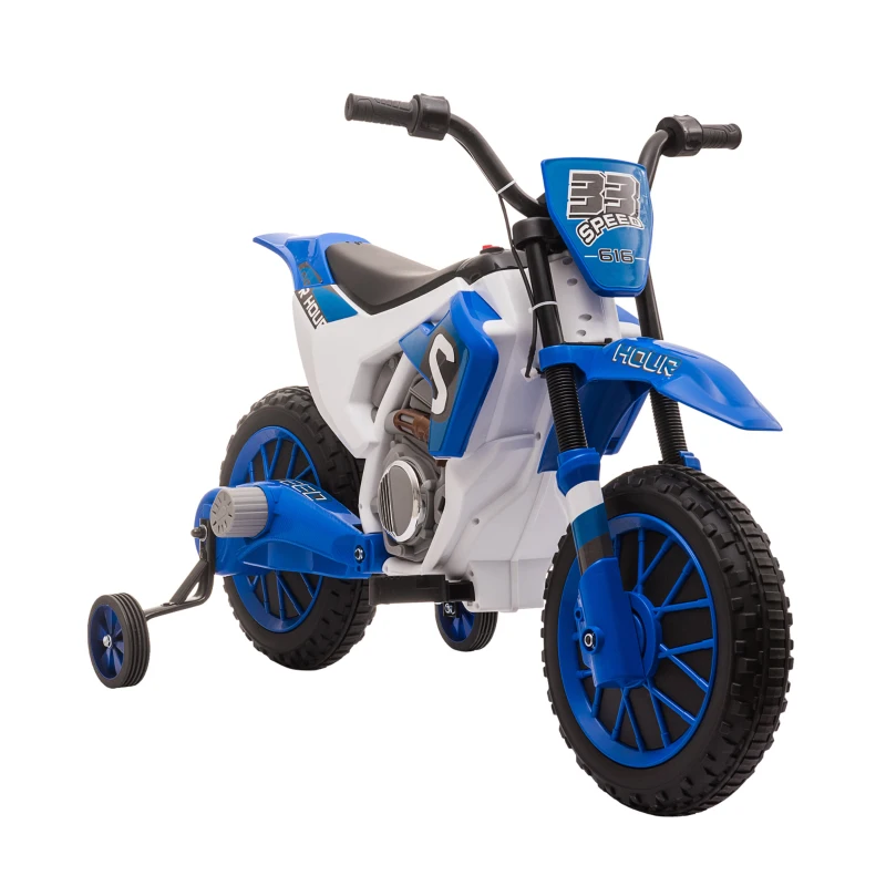 HOMCOM Moto Cross électrique Enfant 3 à 5 Ans 12 V 3-8 Km/h avec roulettes latérales Amovibles dim. 106,5L x 51,5l x 68H cm Bleu(m-12)