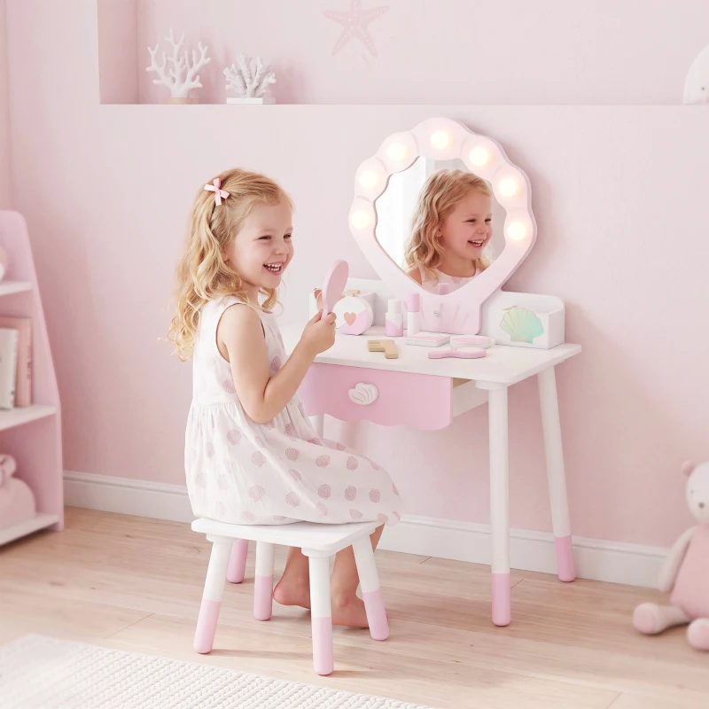 AIYAPLAY Kids Vanity Set, Kids Dressing Table with Chair, Acrylic Mirror, Lighted Bulbs, 7-Piece Accessories, for 3-8 Years, Pink