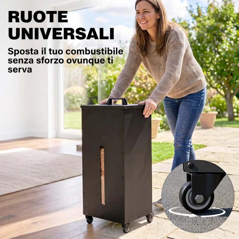 Outsunny Contenitore per Pellet 45kg con Coperchio in Acciaio, Ruote e Setaccio, Nero