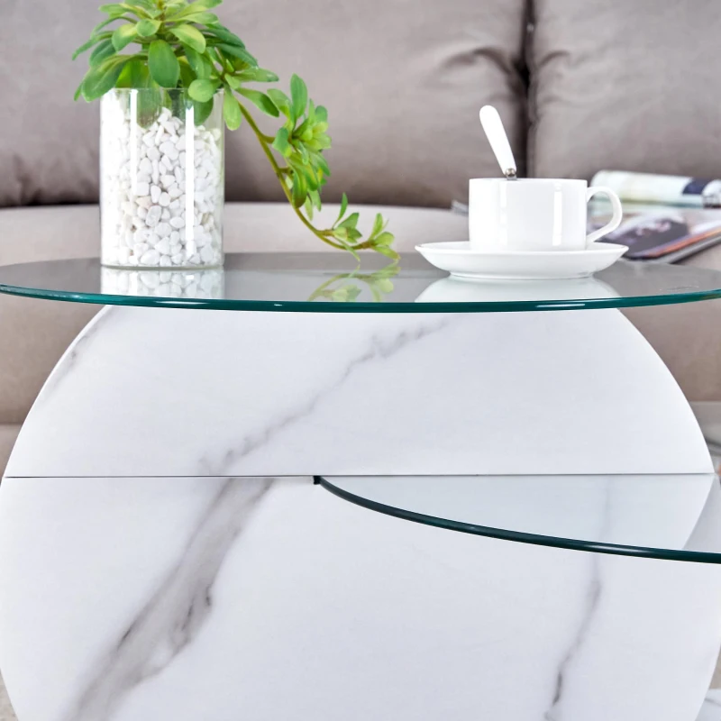 Table basse moderne minimaliste à 2 plateaux en verre de sécurité, design multi‑niveaux élégant, Blanc
