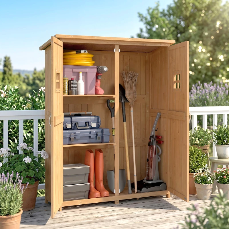 Outsunny Casetta da Giardino Legno con Porta Doppia, Mensole e Finestre, 127.5x50x164cm