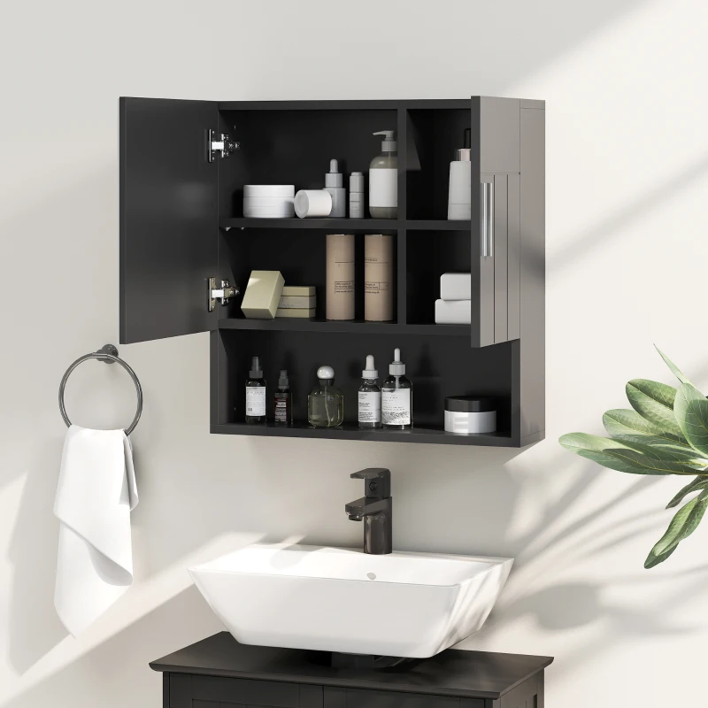 kleankin Armadietto Specchiera Bagno in Legno con Mensole Regolabili e Ripiano Aperto, 54x15.2x55.3 cm, Nero