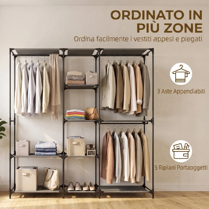 HOMCOM Armadio Aperto Salvaspazio con 3 Barre Appendiabiti, 5 Ripiani, Struttura in Acciaio, 182x43x182 cm, Nero