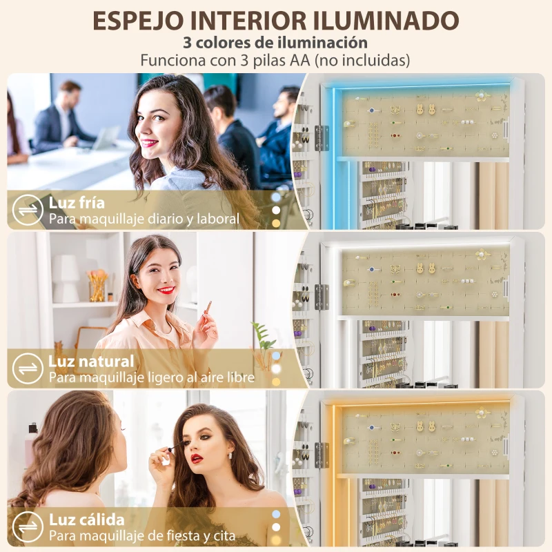 HOMCOM Espejo Joyero con Luz LED Montado en la Pared o en la Puerta con Cerradura Espejo Entero Blanco
