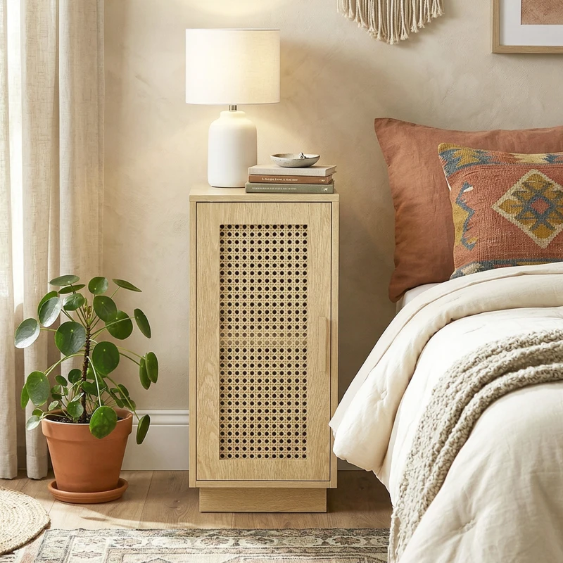 HOMCOM Conjunto de 2 Mesitas de Noche con Puerta de Ratán, Mesillas de Noche Estilo Boho Estante Ajustable Natural