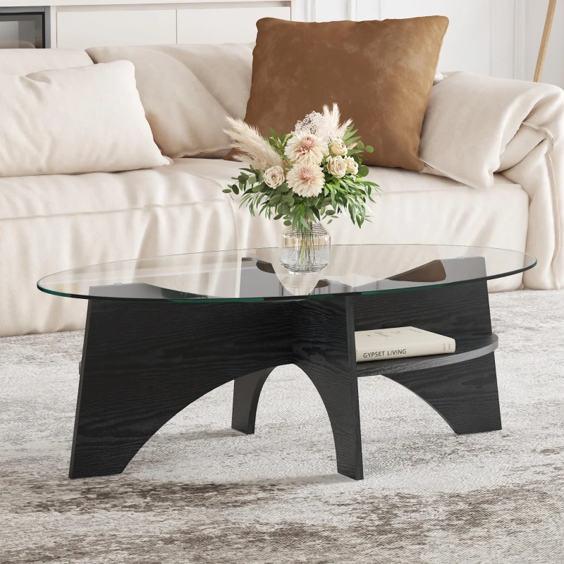 Table basse ovale moderne en verre de sécurité, plateau résistant aux chocs et facile à nettoyer, 104,9x60,0x35,6 cm, Transparent
