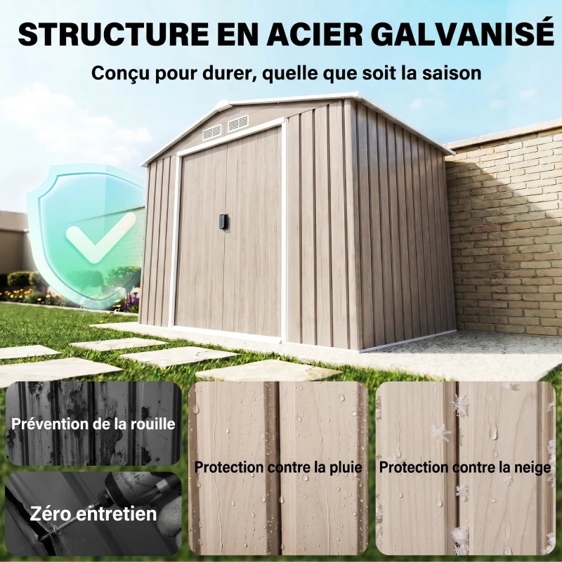 Outsunny Abri de Jardin 2,42 m² - Remise pour Outils avec Fondation - cabanon Porte verrouillable - tôle d'acier marron clair