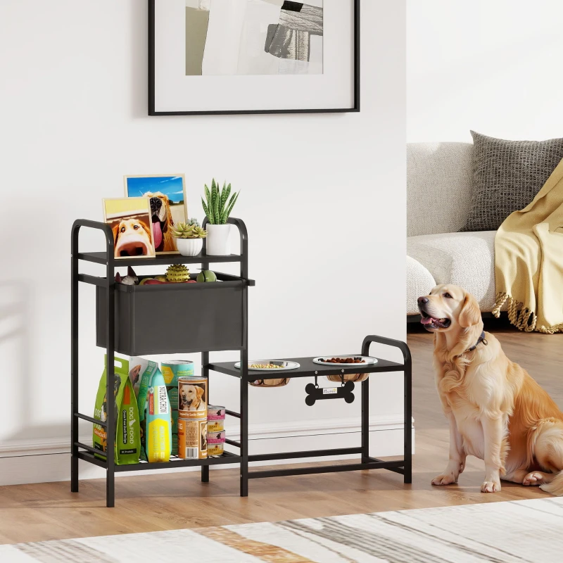 PawHut Comedero Perro Elevado con Cajón de Tela 2 Cuencos de Acero Inoxidable 2x800 ml Altura Ajustable 2 Estantes Negro