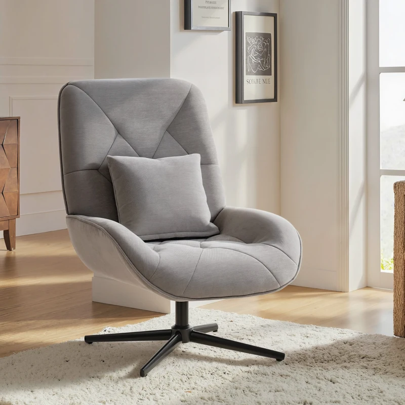 HOMCOM Accent Chair, Chenille Upholstered Swivel Armchair with Lumbar Pillow, High Back, Deep Seat and Metal Legs, Light Grey