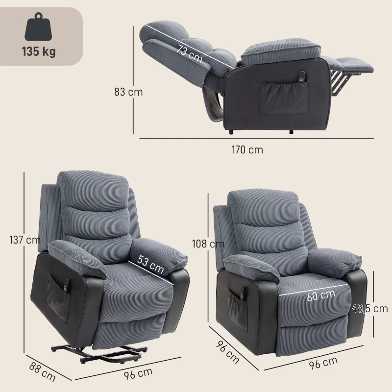 HOMCOM Poltrona Relax Reclinável Elétrica Levanta Pessoas com Controlo Remoto, Porta USB e Bolsos Laterais Cinzento Escuro