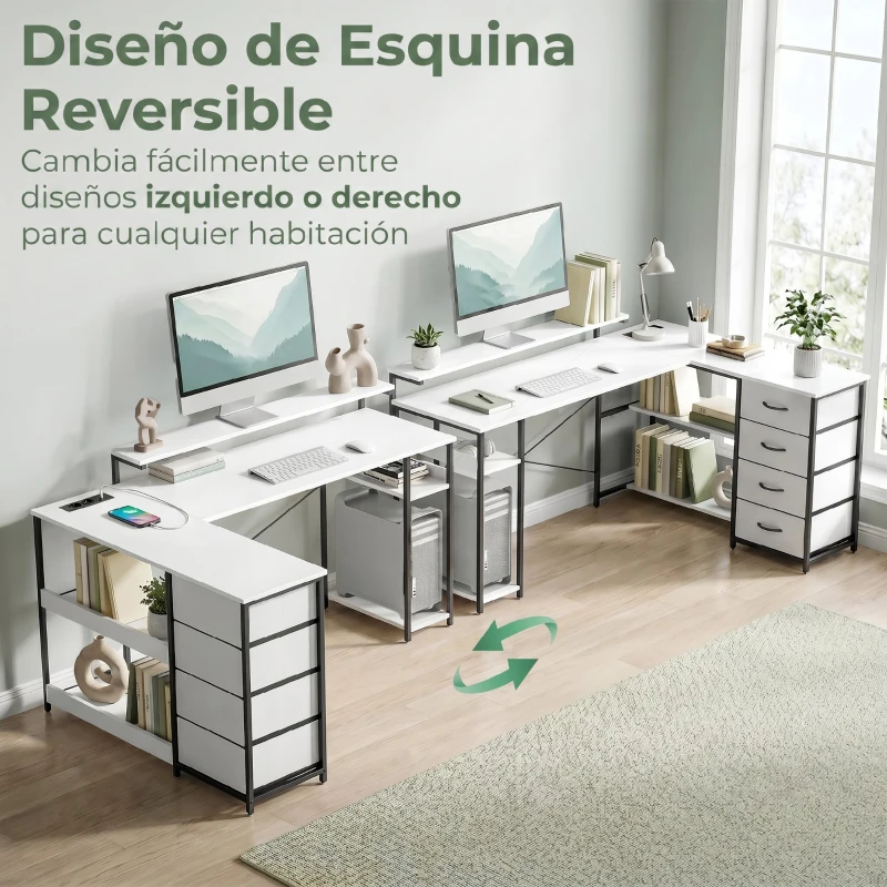 HOMCOM Escritorio en L Reversible con 4 Cajones de Tela 2 Enchufes y 2 Puertos USB Soporte para Monitor 155x112 cm Blanco