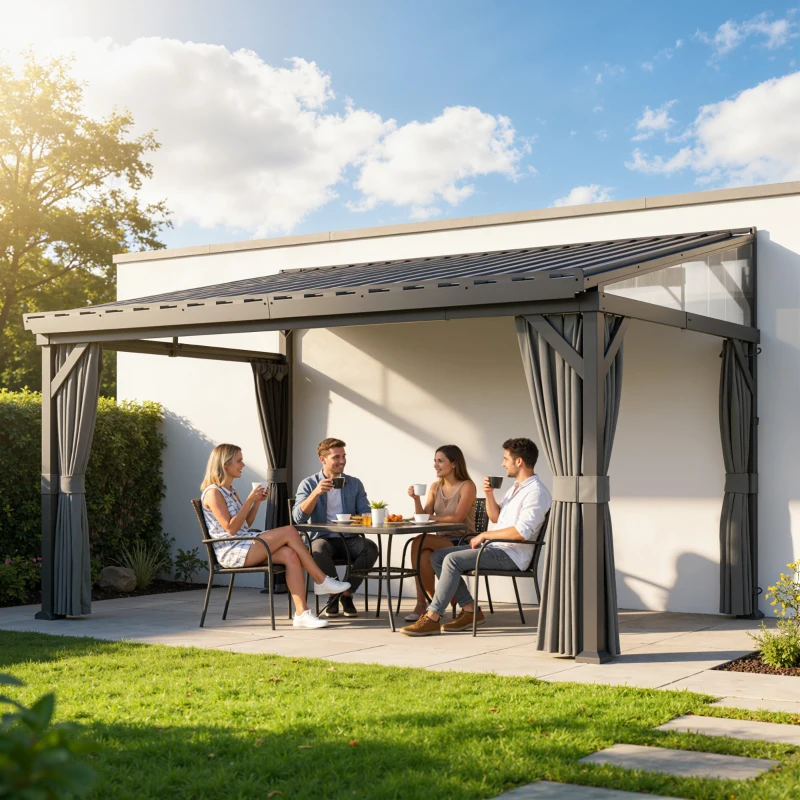 Outsunny 4.3 x 3 m Garden Pergola with Galvanised Steel Roof, Lean to Pergola Gazebo with Netting Curtains, Dark Grey