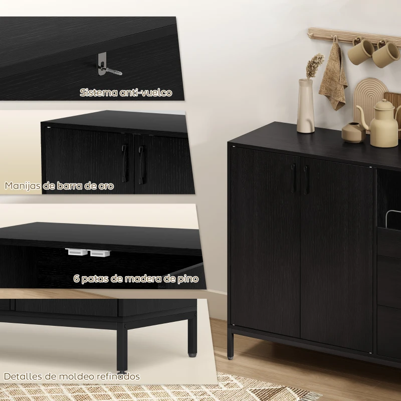 HOMCOM Aparador de 3 Puertas Aparador de Salón con 3 Cajones Estantes Ajustables para Cocina Entrada Negro 143,5x40x90 cm