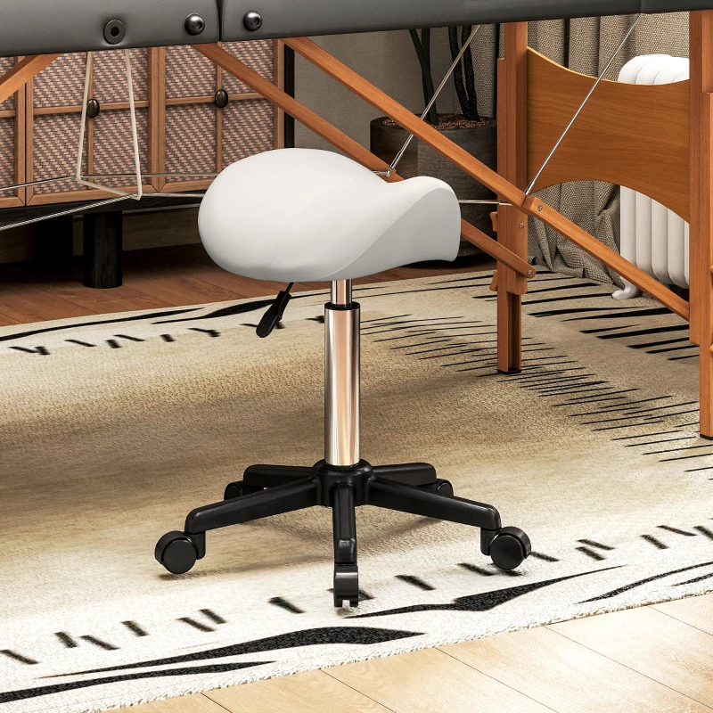 HOMCOM Tabouret à roulettes, chaise de travail avec hauteur réglable 45-57 cm et selle ergonomique, 48x47x45-57cm, blanc