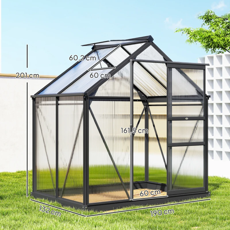 Outsunny Serre de jardin polycarbonate 190 x 132 x 201 cm résistant aux UV 30+ fondation renforcé gouttière gris