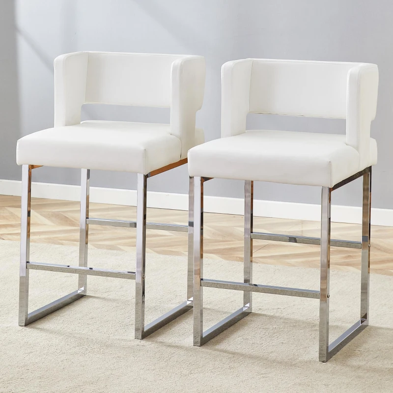 Lot de 2 tabourets de bar style nordique, structure métallique robuste avec pieds argentés, 48x53.3x91.4 cm, Blanc+Argent