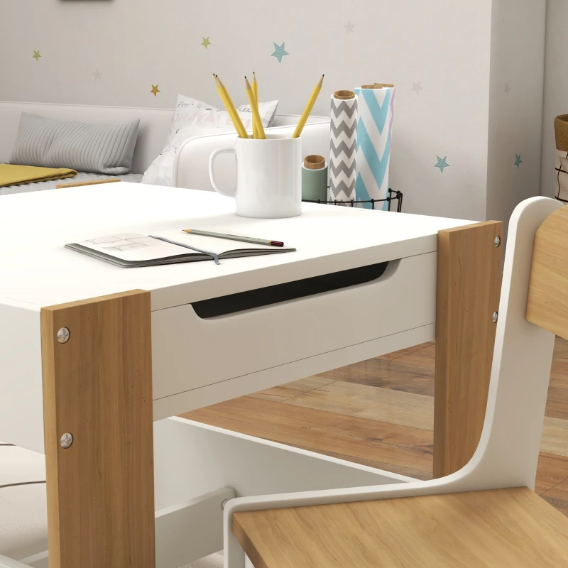 HOMCOM 3 in 1 Set Tavolo Bambini con 2 Sedie, Lavagna Rimovibile, Libreria, Scatole in Tessuto, 3-8 Anni, Naturale