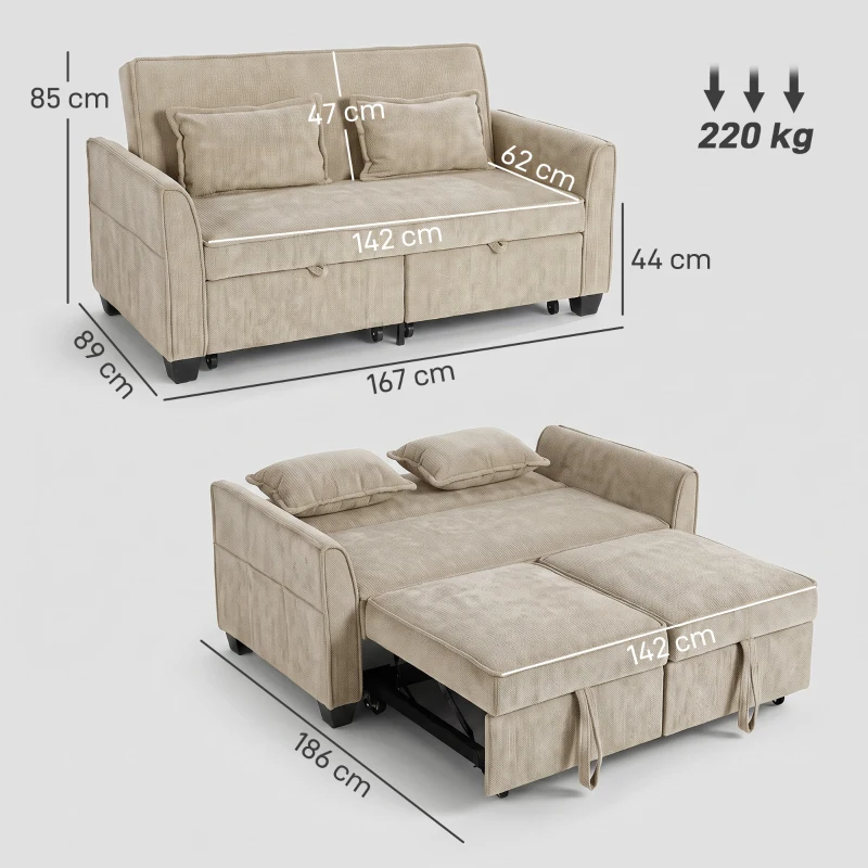 HOMCOM Divano letto 2 posti 4-in-1 ad angolo in ciniglia 167 cm con schienale regolabile, marrone