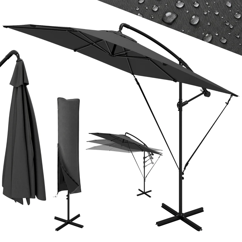 Outsunny Parasol déporté parasol de jardin extérieur Toile ajustable 8 baleines base en croix manivelle, 2,5 x 2,5 m, gris foncé