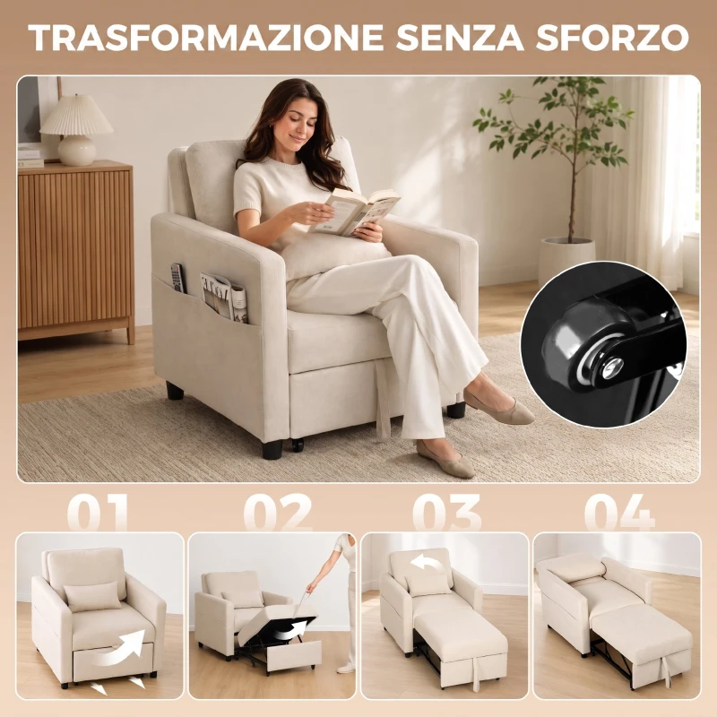 HOMCOM Poltrona Letto 3 in 1 in Tessuto Effetto Lino con Schienale Regolabile, Bianco Crema