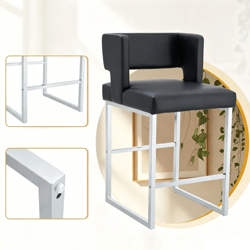 Lot de 2 tabourets de bar style nordique, structure métallique robuste avec pieds argentés, 48x53.3x91.4 cm, Noir+Argent