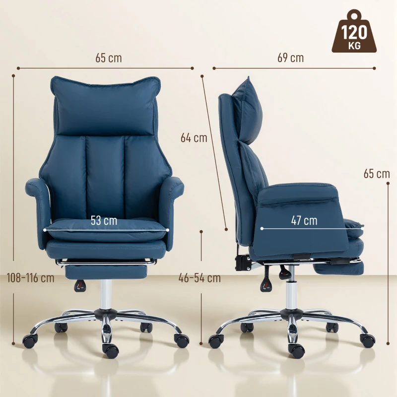 HOMCOM Silla de Escritorio con Reposapiés Respaldo Reclinable Alto Acolchado Grueso Tapizada en Cuero Sintético Ruedas Azul