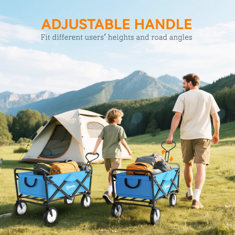 Outsunny 135L Festival Trolley on Wheels, Folding Wagon Camping Trolley Cart with Adjustable Handle, Dual Brakes, Portable Wagon Cart for Outdoor, Garden, Shopping, Fishing, Blue