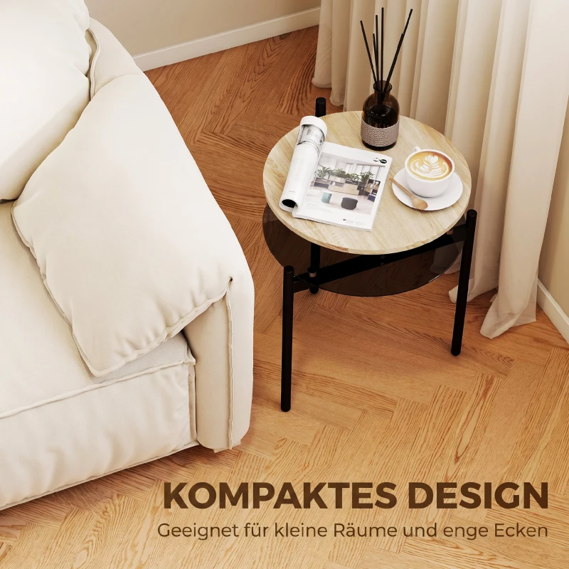 HOMCOM Ronde bijzettafel met open glazen legplank voor kleine ruimtes, 41,8 x 39,8 x 53,5 cm, eiken